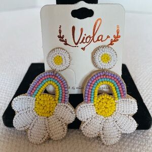 Rainbow And Flower Beaded Earrings. New On The Card By Viola.